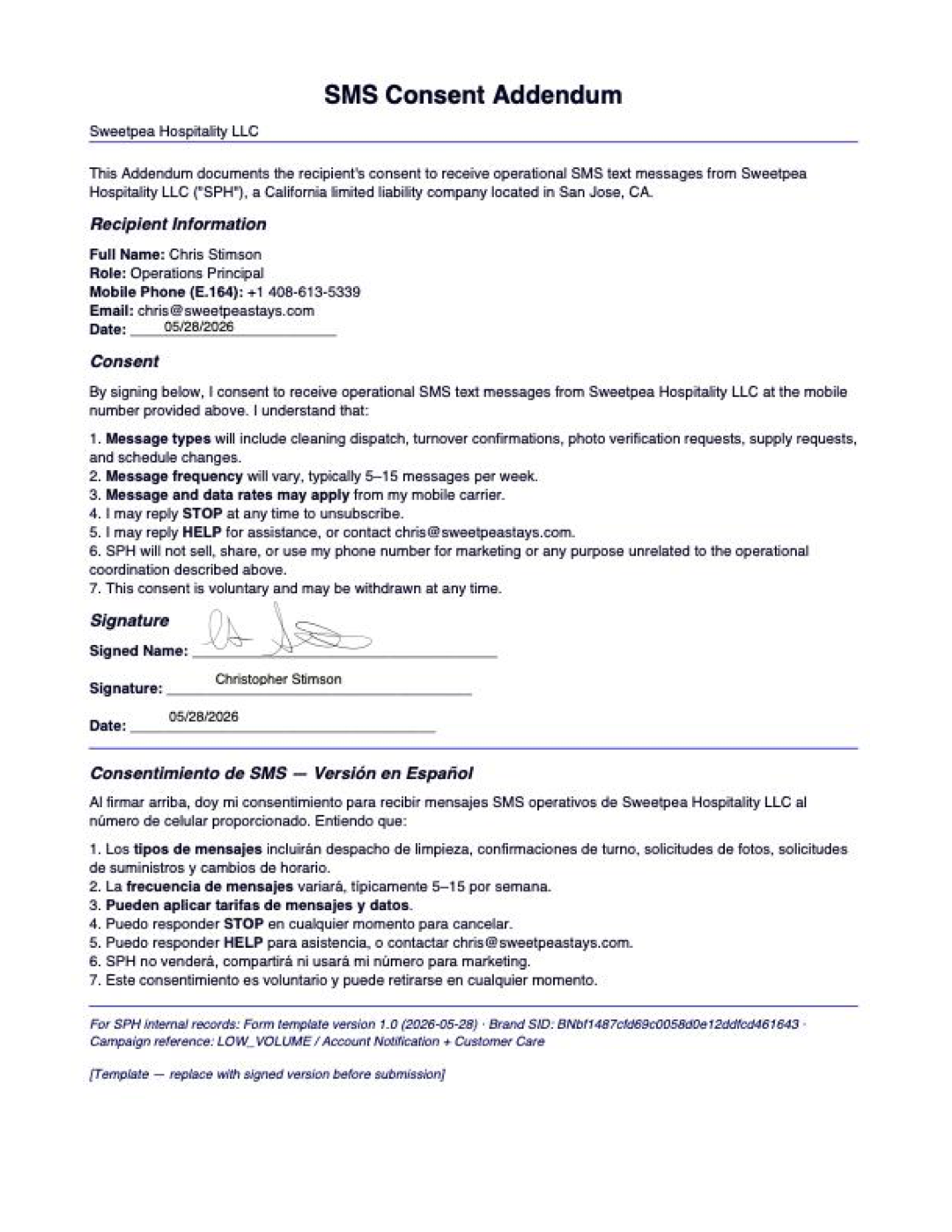 Signed SMS Consent Addendum for Sweetpea Hospitality LLC, showing the recipient's information, the consent statement with message types, frequency, rates disclosure, STOP and HELP instructions, and the recipient's signature dated 05/28/2026